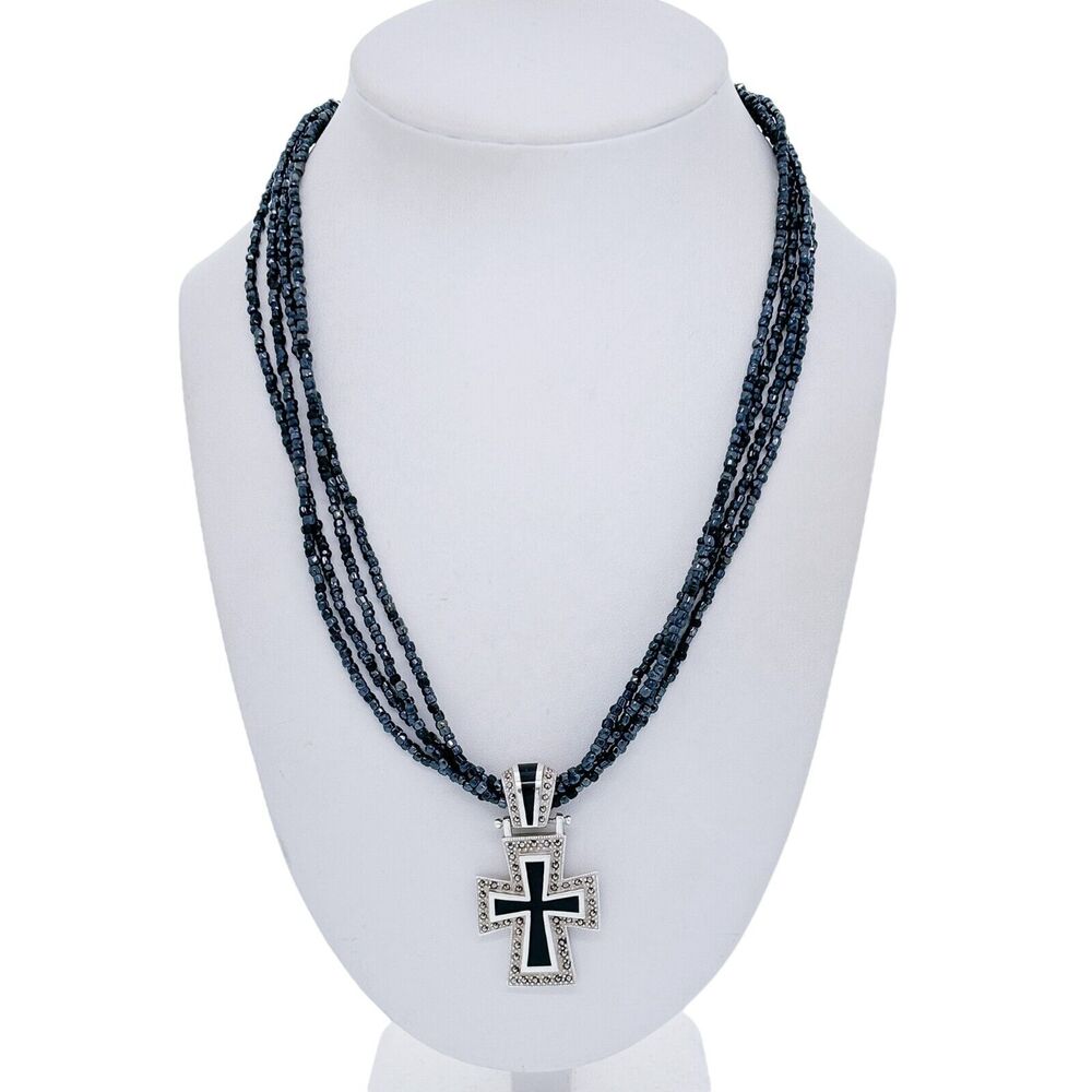 Vintage Sterling Silver Black Onyx Marcasite Cross Necklace 16"-19"